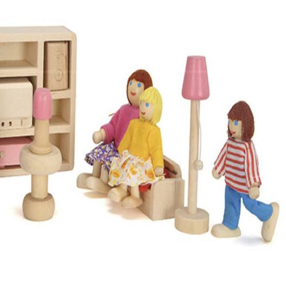Fából készült baba család babaházba – 7db baba – színes ruhában, mozgatható végtagokkal (BB-19764) (9)