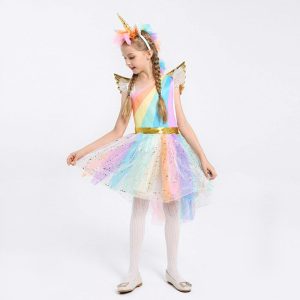 Farsangi unikornis jelmez kislányoknak szivárványszínű ruhával, fejdísszel és szárnyakkal - L méret - 130 cm magasságra (BBJ) - Image 16