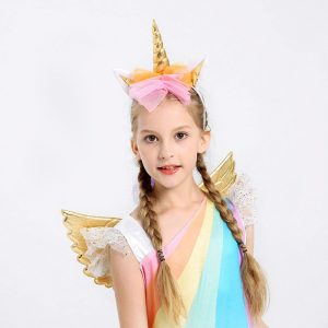 Farsangi unikornis jelmez kislányoknak szivárványszínű ruhával, fejdísszel és szárnyakkal - L méret - 130 cm magasságra (BBJ) - Image 3