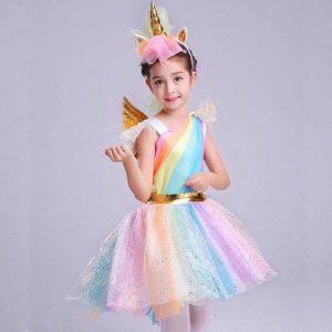 Farsangi unikornis jelmez kislányoknak szivárványszínű ruhával, fejdísszel és szárnyakkal - L méret - 130 cm magasságra (BBJ) - Image 10