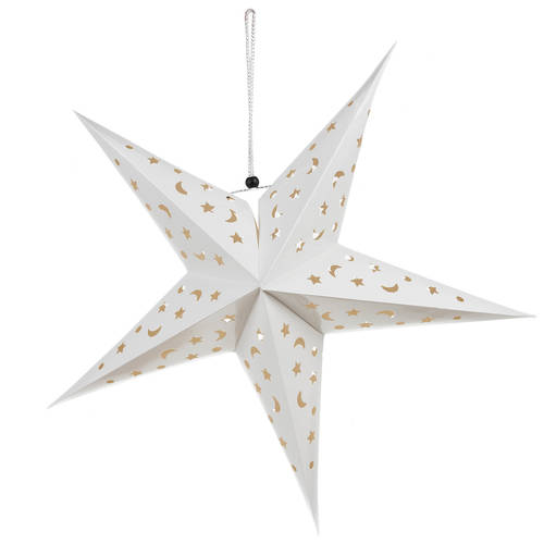 Felakasztható – karácsonyi 3D LED-es csillag dekoráció papírból – csillagokkal, holdakkal díszítve, fehér szín (BB-20076) (1)
