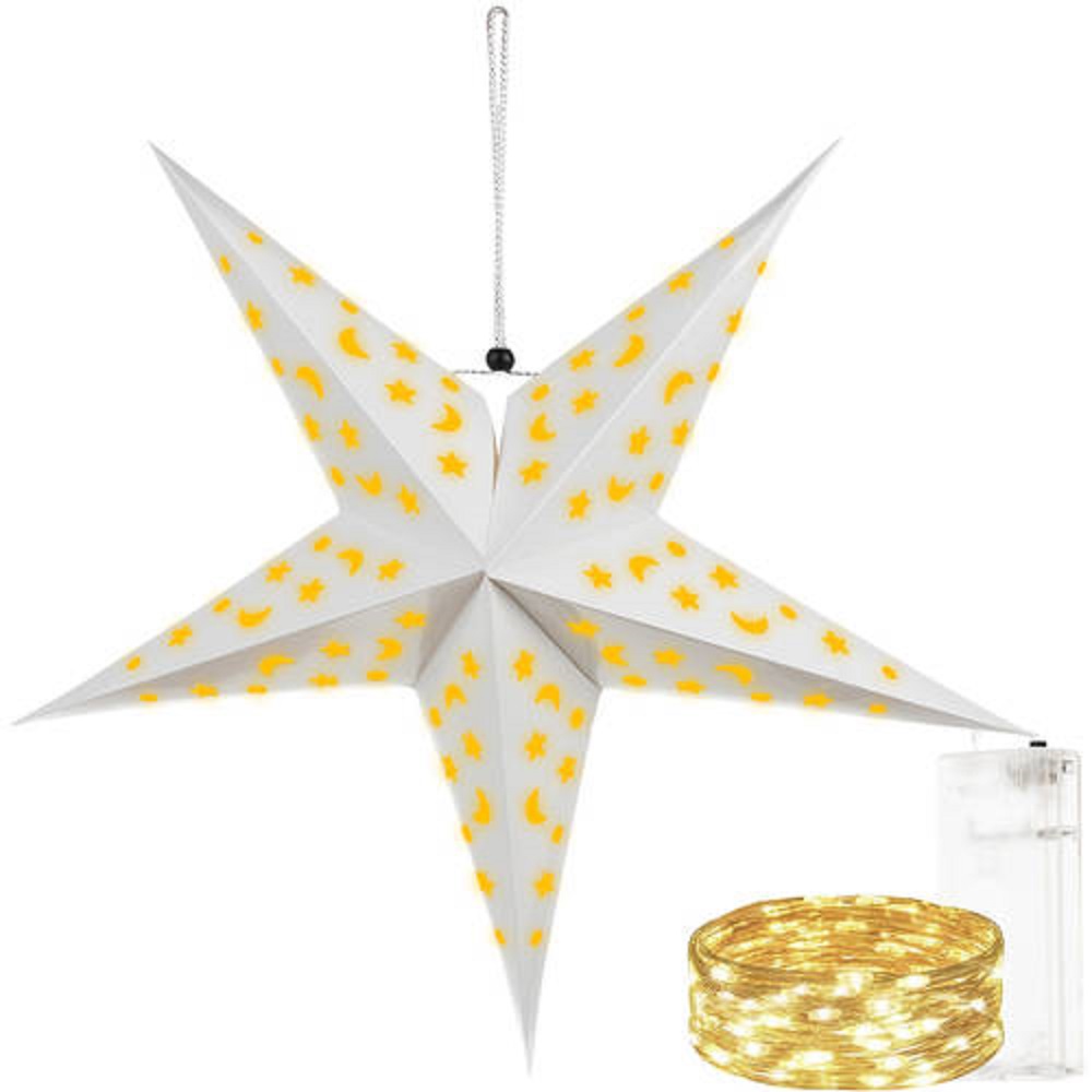 Felakasztható – karácsonyi 3D LED-es csillag dekoráció papírból – csillagokkal, holdakkal díszítve, fehér szín (BB-20076) (4)