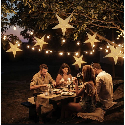 Felakasztható – karácsonyi 3D LED-es csillag dekoráció papírból – csillagokkal, holdakkal díszítve, fehér szín (BB-20076) (5)