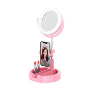 Állítható magasságú kozmetikai tükör teleszkópos állvánnyal, LED körfénnyel és telefontartóval (BBV) - Image 8