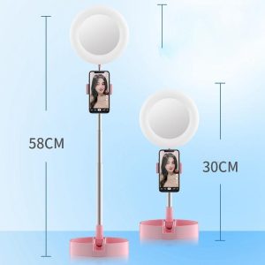 Állítható magasságú kozmetikai tükör teleszkópos állvánnyal, LED körfénnyel és telefontartóval (BBV) - Image 7