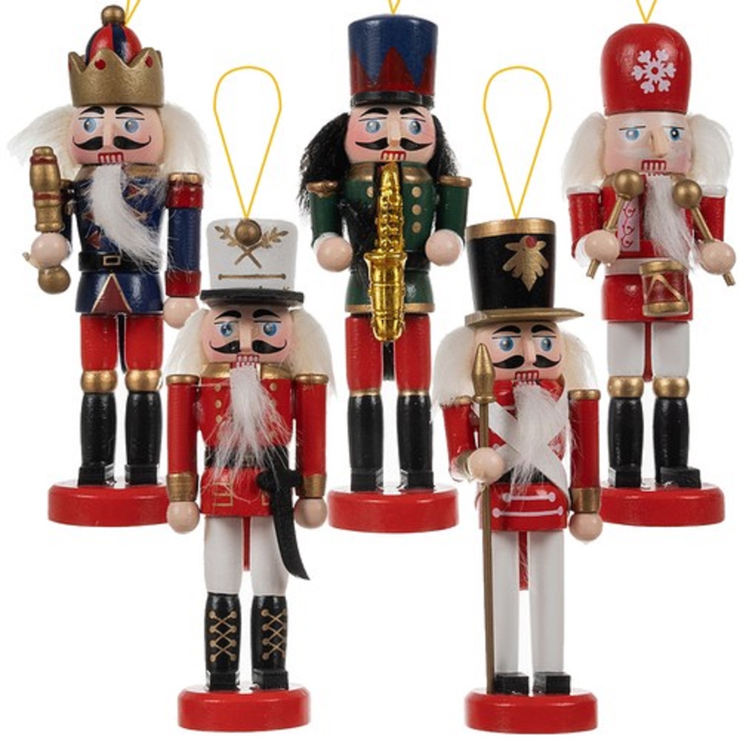 5 darabos fából készült karácsonyi diótörő figurák – különböző színben, akasztóval ellátva (BB-20358) (5)