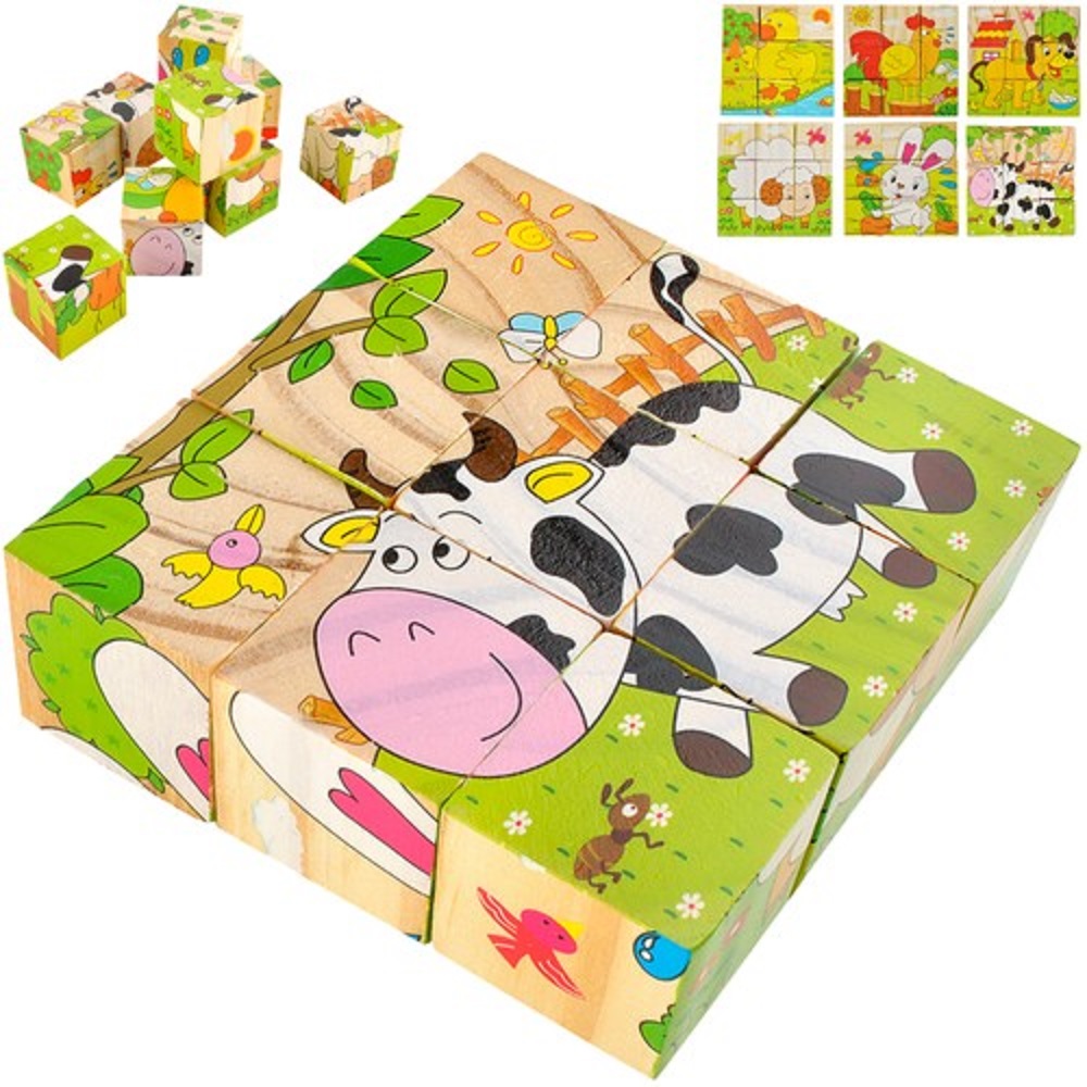 6 az 1-ben fa kockából álló puzzle készlet gyerekeknek – 6 különböző állatfigurás kép (BB-6157) (2)
