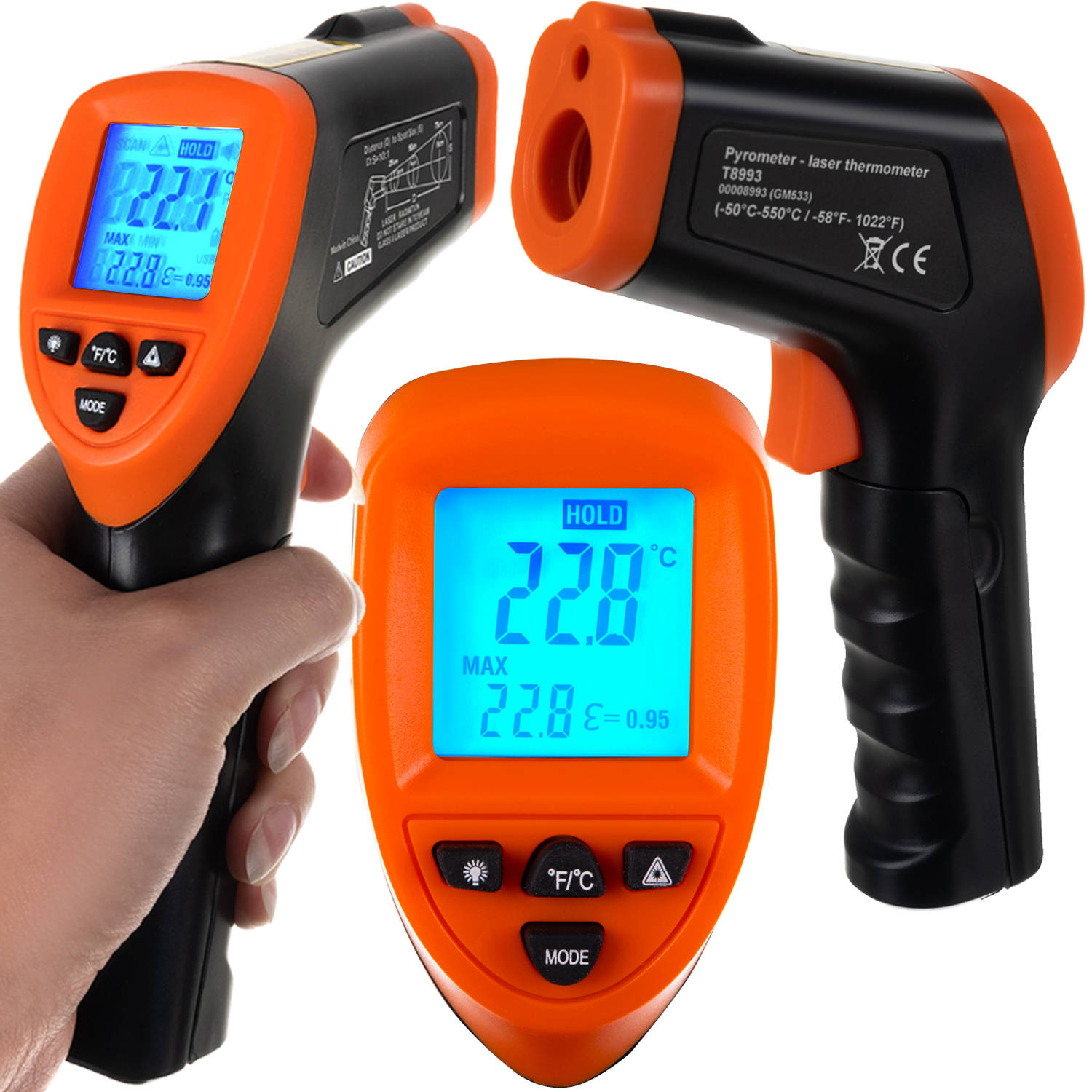 Digitális, érintés mentes lézeres hőmérő, pirométer 550°C-ig, háttérvilágítással – gyors, pontos, biztonságos mérés (BB-8993) (3)