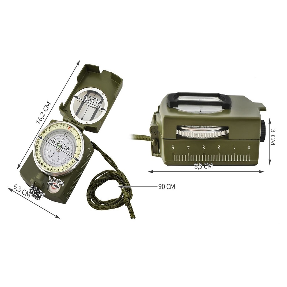 Vízálló katonai iránytű világító nyíllal, tokkal és akasztóval – 2° pontosságú – 16,2 x 6,3 x 3 cm (BB-5717) (10)