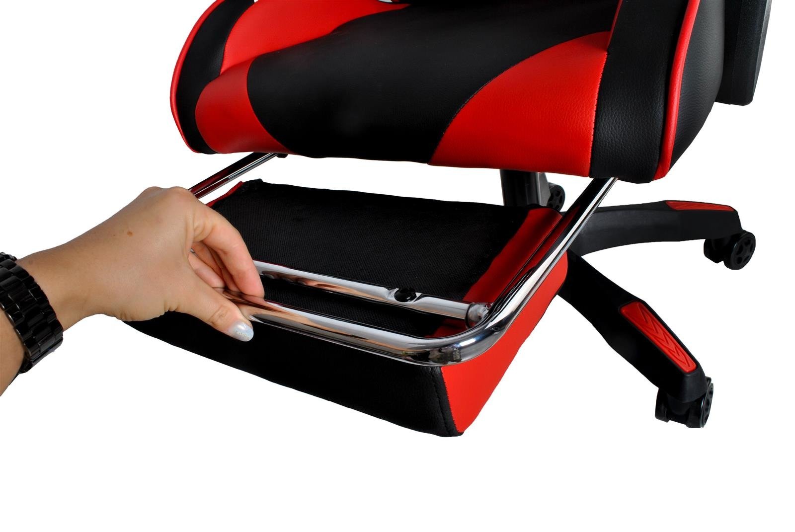 Gamer szék nyak-, és derékpárnával – kihúzható lábtartóval, magasságállítással – 124 x 63 x 63 cm, kék-piros (BB-8979) (9)