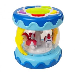 Világító, forgó, zenélő elemes körhinta aranyos lovacskákkal - 10,5 x 11,5 cm - kék (BBJ)