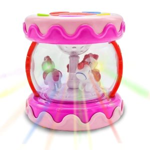 Világító, forgó, zenélő elemes körhinta aranyos lovacskákkal - 10,5 x 11,5 cm - rózsaszín (BBJ)