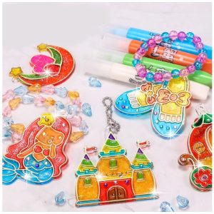 Medál készítő szett gyerekeknek 6 féle színes festékkel, sablonokkal, láncokkal, gyöngyökkel - kreatív hercegnős ékszer készítő (BBJ) - Image 1