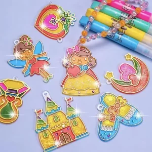 Medál készítő szett gyerekeknek 6 féle színes festékkel, sablonokkal, láncokkal, gyöngyökkel - kreatív hercegnős ékszer készítő (BBJ) - Image 2