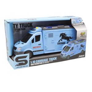 Világító és zenélő, lószállító kocsi kinyitató ajtókkal és játék lóval - 25 x 11 x 8 cm - kék (BBMJ) - Image 9