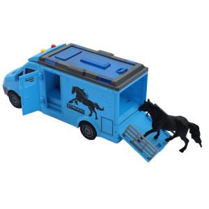 Világító és zenélő, lószállító kocsi kinyitató ajtókkal és játék lóval - 25 x 11 x 8 cm - kék (BBMJ) - Image 6