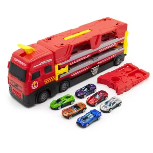 Autószállító játék kamion és kilövőállomás - beépített, 152cm-es, 2 sávos versenypályával és 6 db kisautóval (BBJ) - Image 5