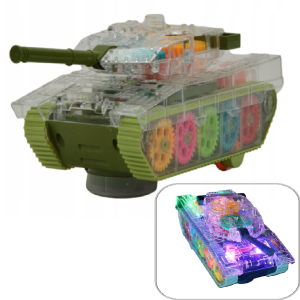 Világító, zenélő, átlátszó fogaskerék tank - színes világító zenés lámpás játék kicsiknek (BBJ)