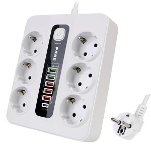 3000W elosztó 5 USB porttal és 1 C csatlakozóval – 10A, fehér színben, hő- és tűzálló kivitelezéssel (BBV) - Image 1