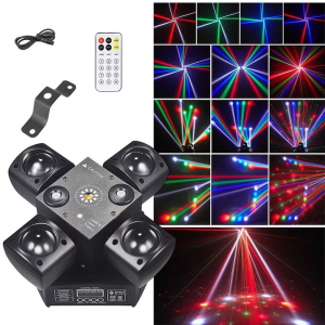 4 karos lézer-LED diszkófény mozgófejes effektekkel – stroboszkóp, hangvezérlés és távirányító-48W (BBD) - Image 9