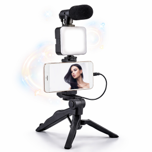 AY-49 videókészítő kit – mobil videó és vlog készítő szett mikrofonnal, LED lámpával és állvánnyal (BBD)