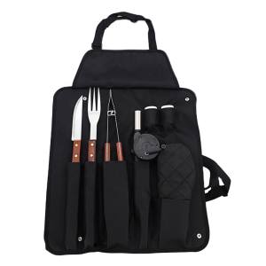 BBQ grillező kötény szett – 60×40 cm-es fekete kerti főző kötény több zsebbel, praktikus tároló rekeszekkel és kiegészítő tartóval (FX) (BLLV) - Image 2