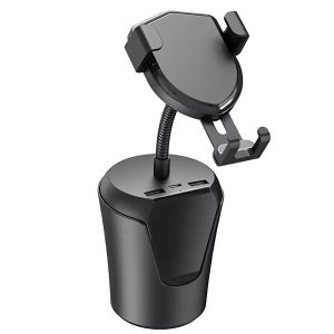 BX-8 vezeték nélküli autós gyorstöltő telefontartó – pohártartóba helyezhető, 360°-ban állítható, USB-C és két USB kimenettel (BBV) - Image 1