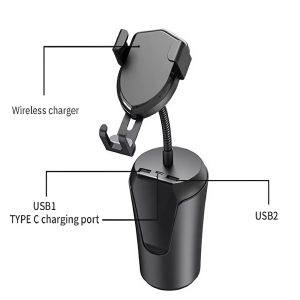 BX-8 vezeték nélküli autós gyorstöltő telefontartó – pohártartóba helyezhető, 360°-ban állítható, USB-C és két USB kimenettel (BBV) - Image 2