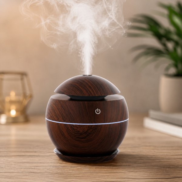 Gömb alakú ultrahangos aroma diffúzor sötétbarna színben LED világítással – 130 ml