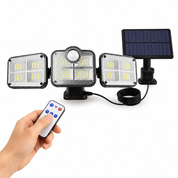 HAYAMI KL25-175A napelemes LED lámpa 138 SMD LED-del – mozgásérzékelős kültéri világítás távirányítóval (BBD) 1