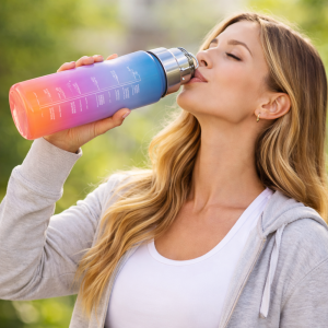 Háromrészes motivációs kulacs szett, kék-lila-narancssárga színkombinációban, 2L, 900 ml és 300 ml méretű palackokkal - Image 2