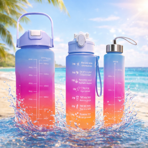 Háromrészes motivációs kulacs szett, kék-lila-narancssárga színkombinációban, 2L, 900 ml és 300 ml méretű palackokkal - Image 9