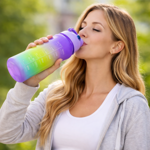 Háromrészes motivációs kulacs szett, lila-sárga-kék színkombinációban, 2L, 900 ml és 300 ml méretű palackokkal - Image 2