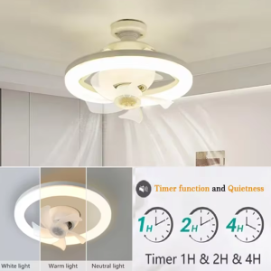 LED mennyezeti ventilátor – 26 cm, E27 foglalat, távirányítóval, 3 sebesség fokozattal, 360° -os forgás 48W (BBJH) - Image 7