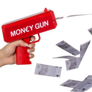 Money gun - piros színű elektromos pénzkilövő pisztoly 100 db játék bankjeggyel - esküvőre, bulira, fotózáshoz (BBJ) - Image 1