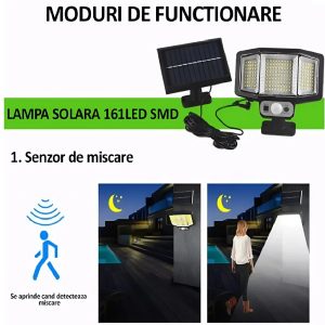 Napelemes, 161  LED-es mozgás- és fényérzékelős lámpa – 3 üzemmód, 2400mAh akkumulátor külön álló napelemmel (BBV) - Image 5