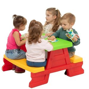 Színes gyermek kerti pad és asztal szett – tartós műanyag 70 x 79 x 47 cm- piros(BBJ) - Image 2