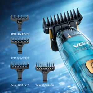 VGR V-961 prémium akkus haj- és szakállvágó – vezeték nélküli trimmer 4 vezetőfésű 1/3/5/7 mm - digitális kijelzővel, átlátszó dizájn (BBD) - Image 3