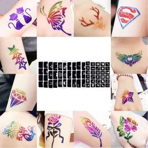 Glitter tattoos kit - 24 db színes csillámporral, rengeteg felragasztható sablonnal, ecsetekkel és ragasztókkal (BBJ) - Image 9