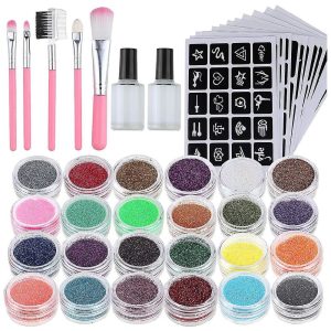 Glitter tattoos kit - 24 db színes csillámporral, rengeteg felragasztható sablonnal, ecsetekkel és ragasztókkal (BBJ)