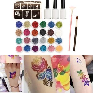 Glitter tattoos kit - 24 db színes csillámporral, rengeteg felragasztható sablonnal, ecsetekkel és ragasztókkal (BBJ) - Image 8