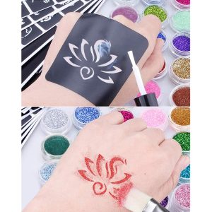 Glitter tattoos kit - 24 db színes csillámporral, rengeteg felragasztható sablonnal, ecsetekkel és ragasztókkal (BBJ) - Image 5