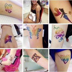 Glitter tattoos kit - 24 db színes csillámporral, rengeteg felragasztható sablonnal, ecsetekkel és ragasztókkal (BBJ) - Image 6