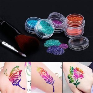 Glitter tattoos kit - 24 db színes csillámporral, rengeteg felragasztható sablonnal, ecsetekkel és ragasztókkal (BBJ) - Image 7