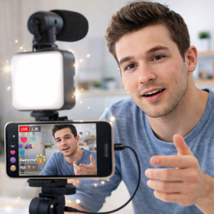 AY-49 videókészítő kit – mobil videó és vlog készítő szett mikrofonnal, LED lámpával és állvánnyal (BBD) - Image 5