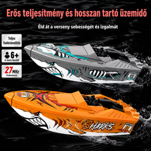 Távirányítós cápa mintás RC motorcsónak – 27 MHz vízi játék hajó gyerekeknek, szürke-narancssárga (BBMJ) - Image 3