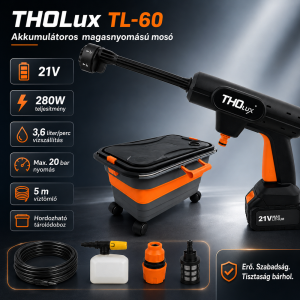 THOLux TL-60 akkumulátoros magasnyomású mosó 21V – vezeték nélküli hordozható autómosó és tisztító pisztoly (BBJH) - Image 3